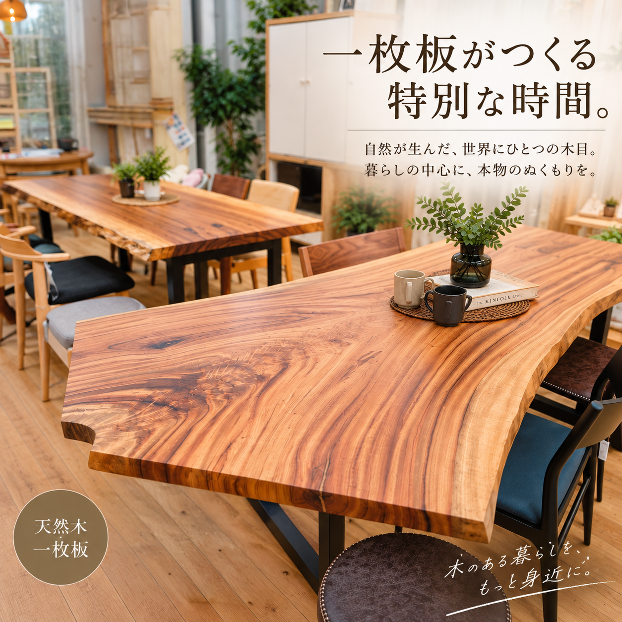 一枚板がつくる特別な時間 楠無垢 一枚板ダイニングテーブル メインビジュアル