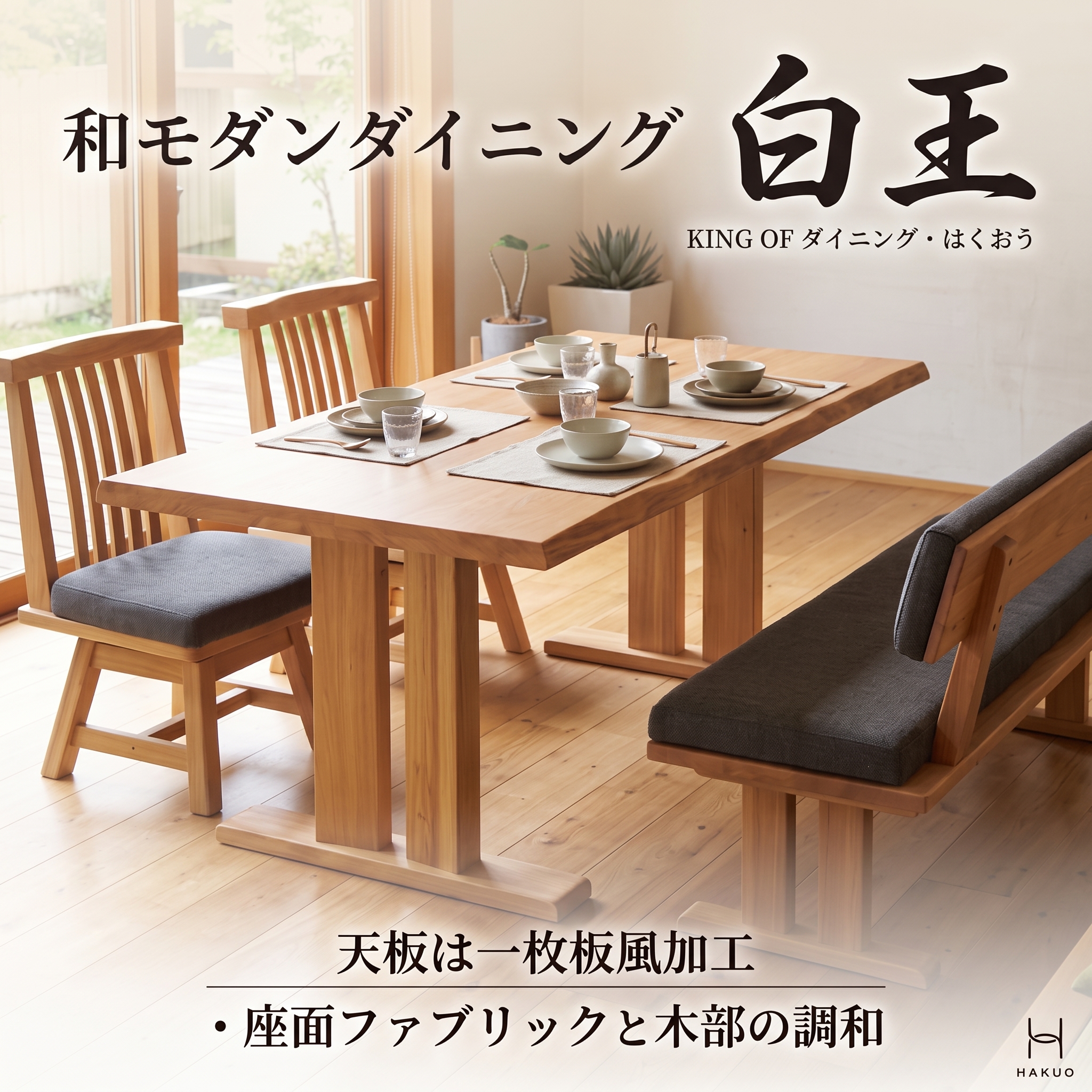 【一枚板風】白王（HAKUO）和モダン ダイニングテーブル・ベンチ・回転チェア｜天板40mm厚 ラバーウッド無垢 一枚板風加工 幅150cm/180cm