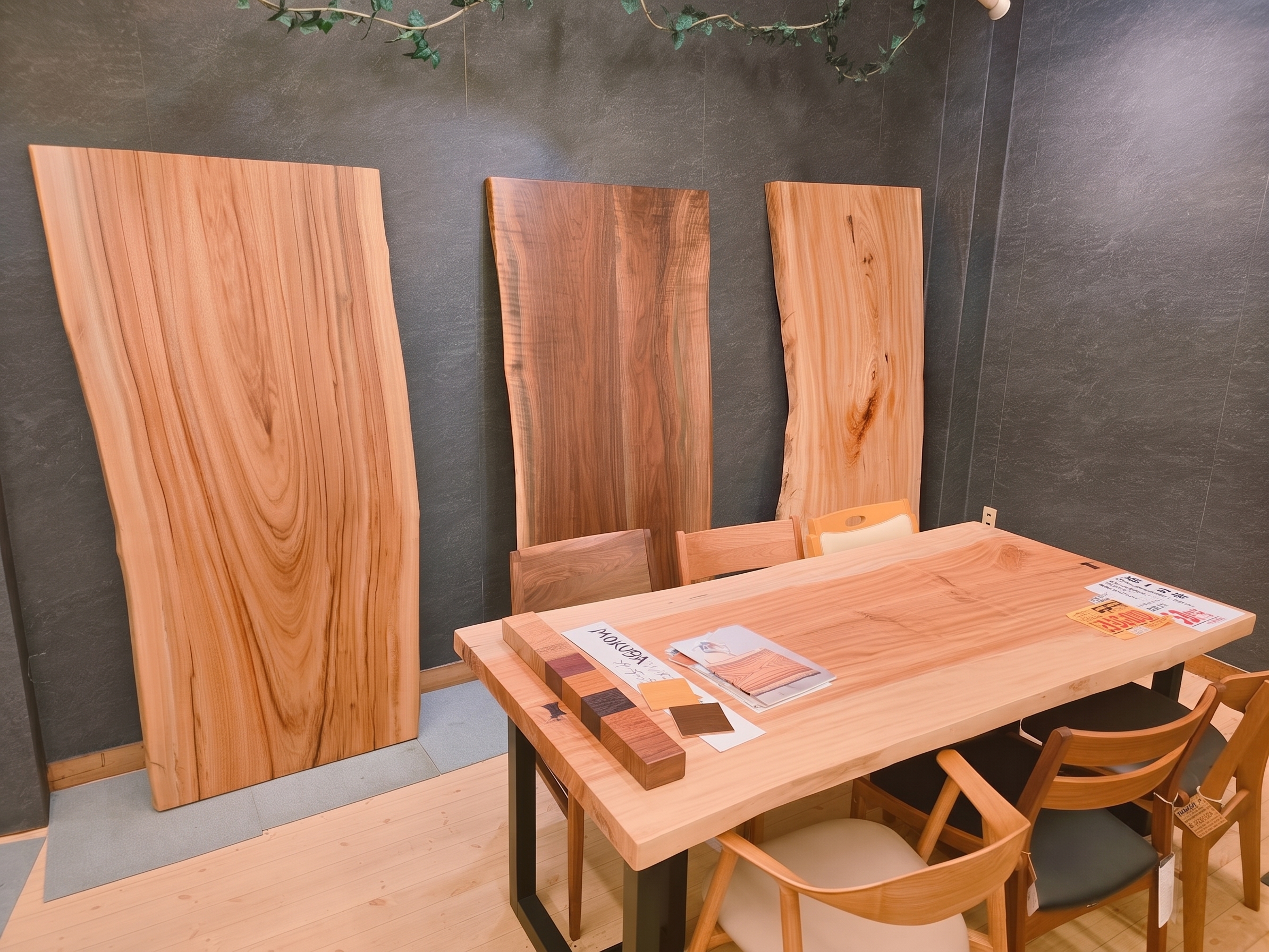 店内の展示風景と一枚板の数々