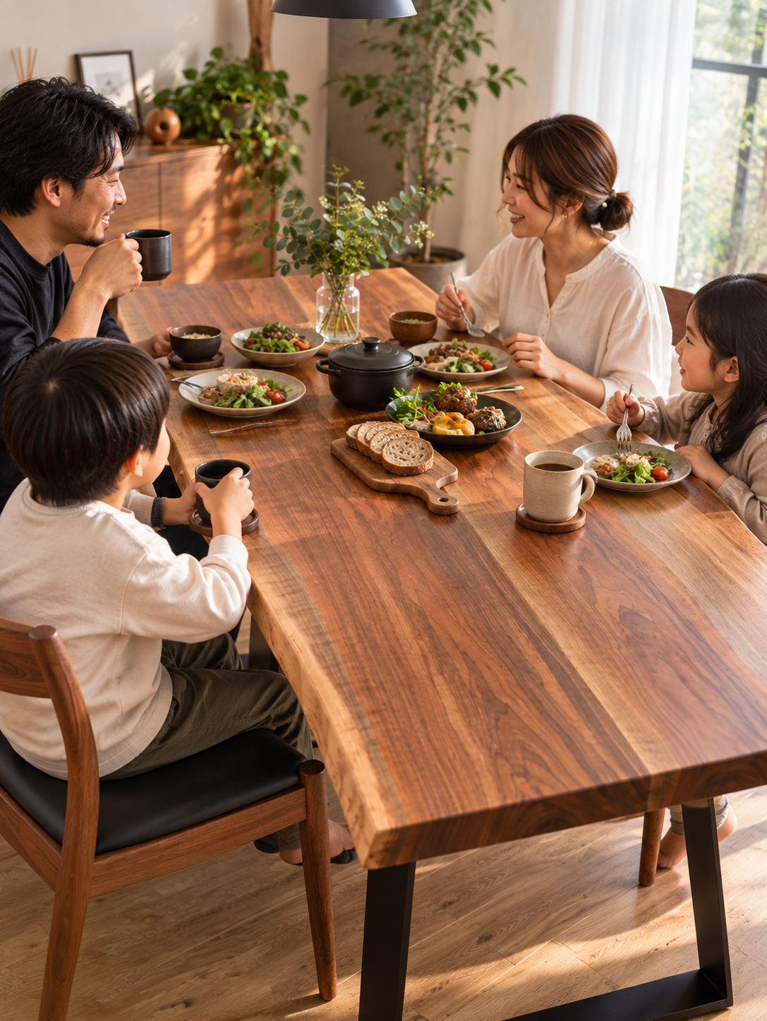ウォールナット2枚ハギ天板 家族団らんの食卓シーン