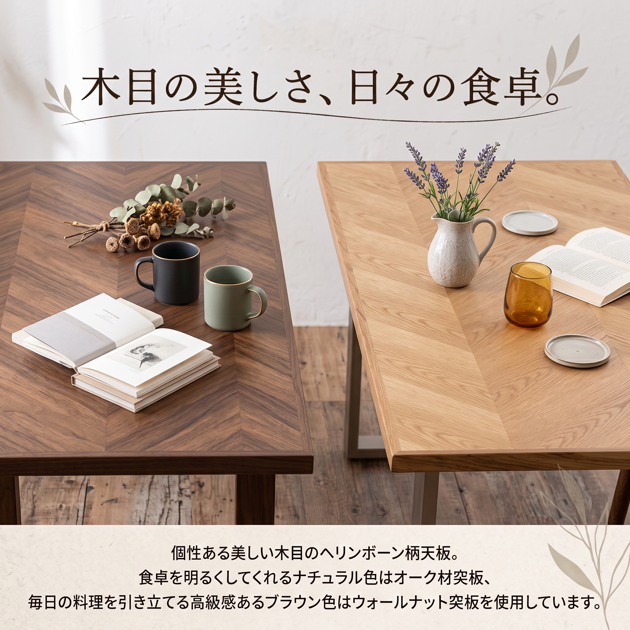 木目の美しさ、日々の食卓。ヘリンボーン柄天板の魅力