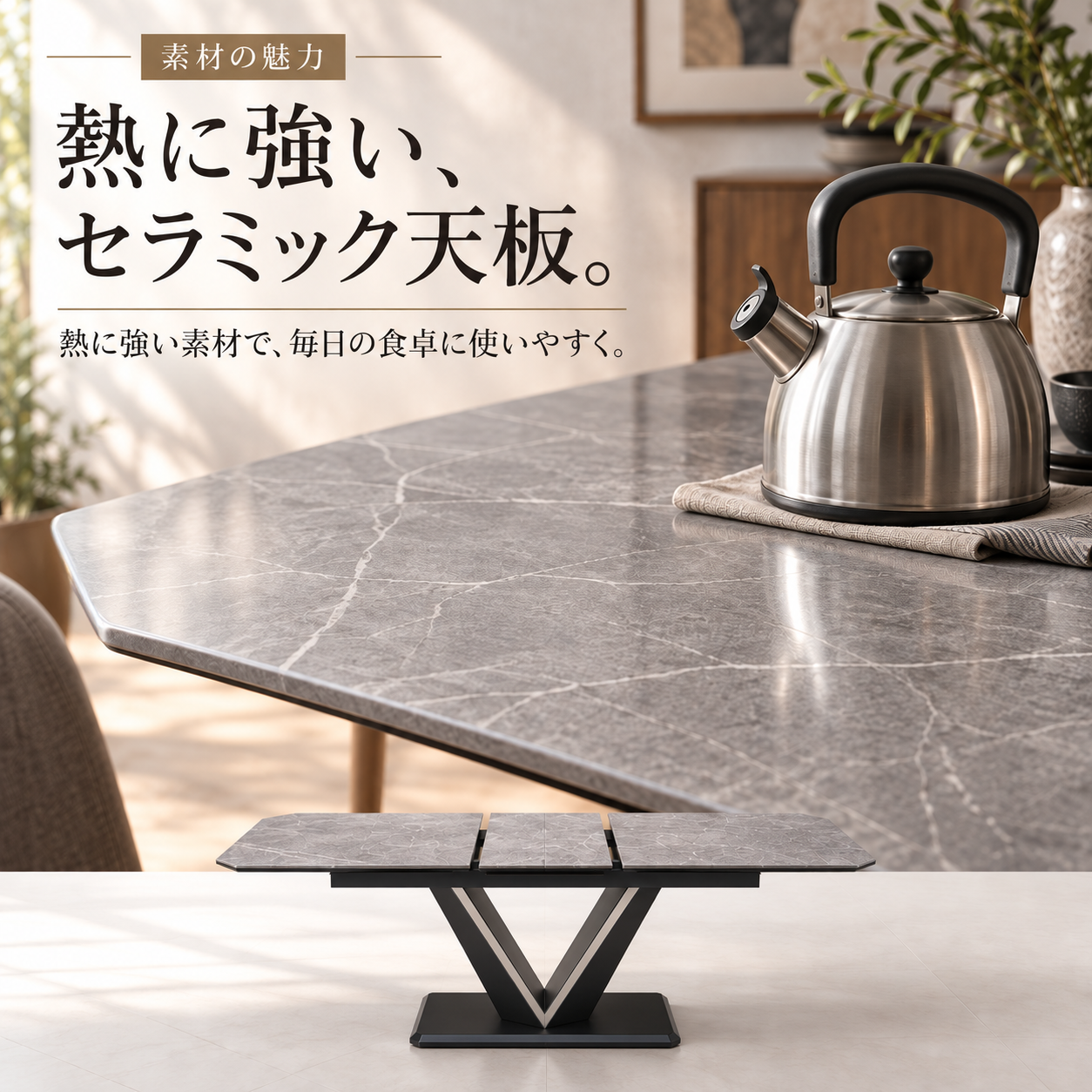 素材の魅力 熱に強い、セラミック天板。毎日の食卓に使いやすく