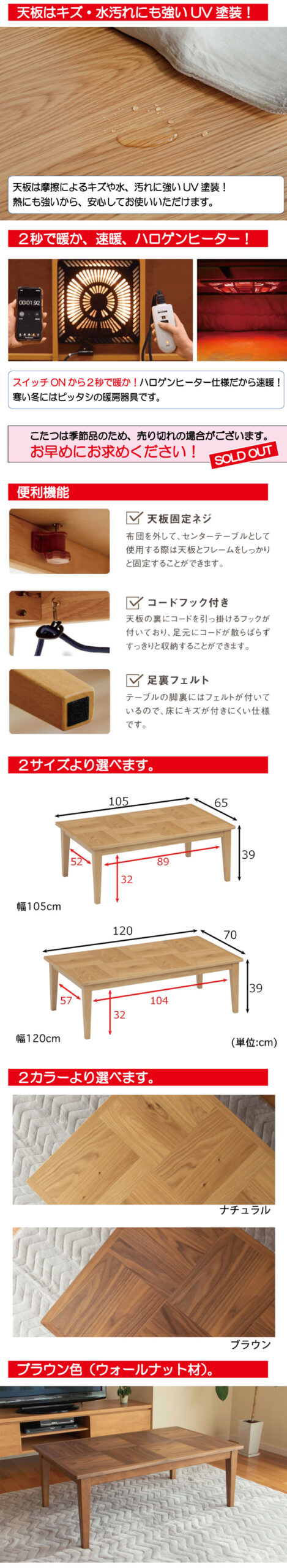 メリッサ UV・ウレタン塗装、速暖ハロゲンヒーター、便利機能