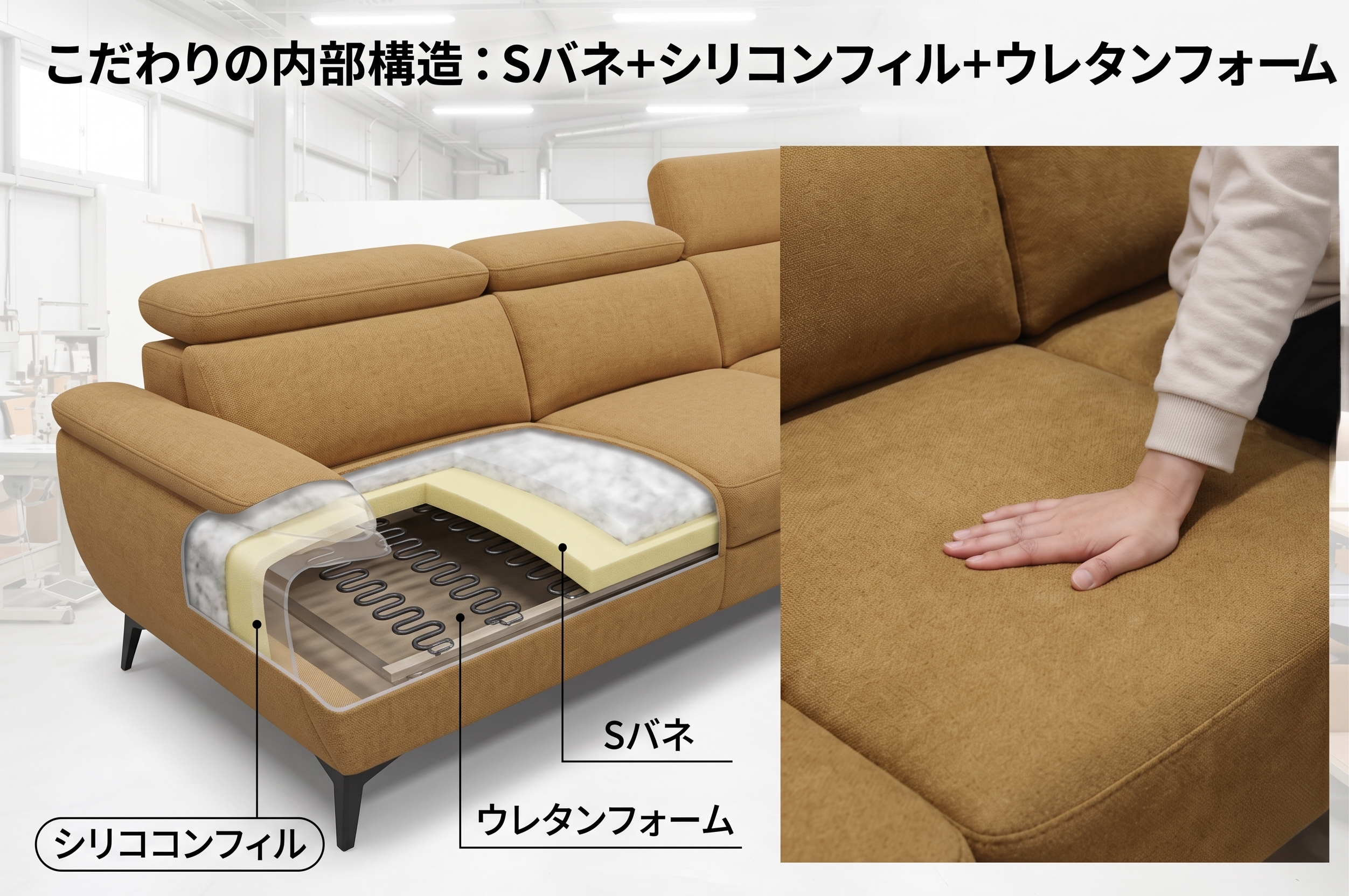 こだわりの内部構造:Sバネ+シリコンフィル+ウレタンフォーム