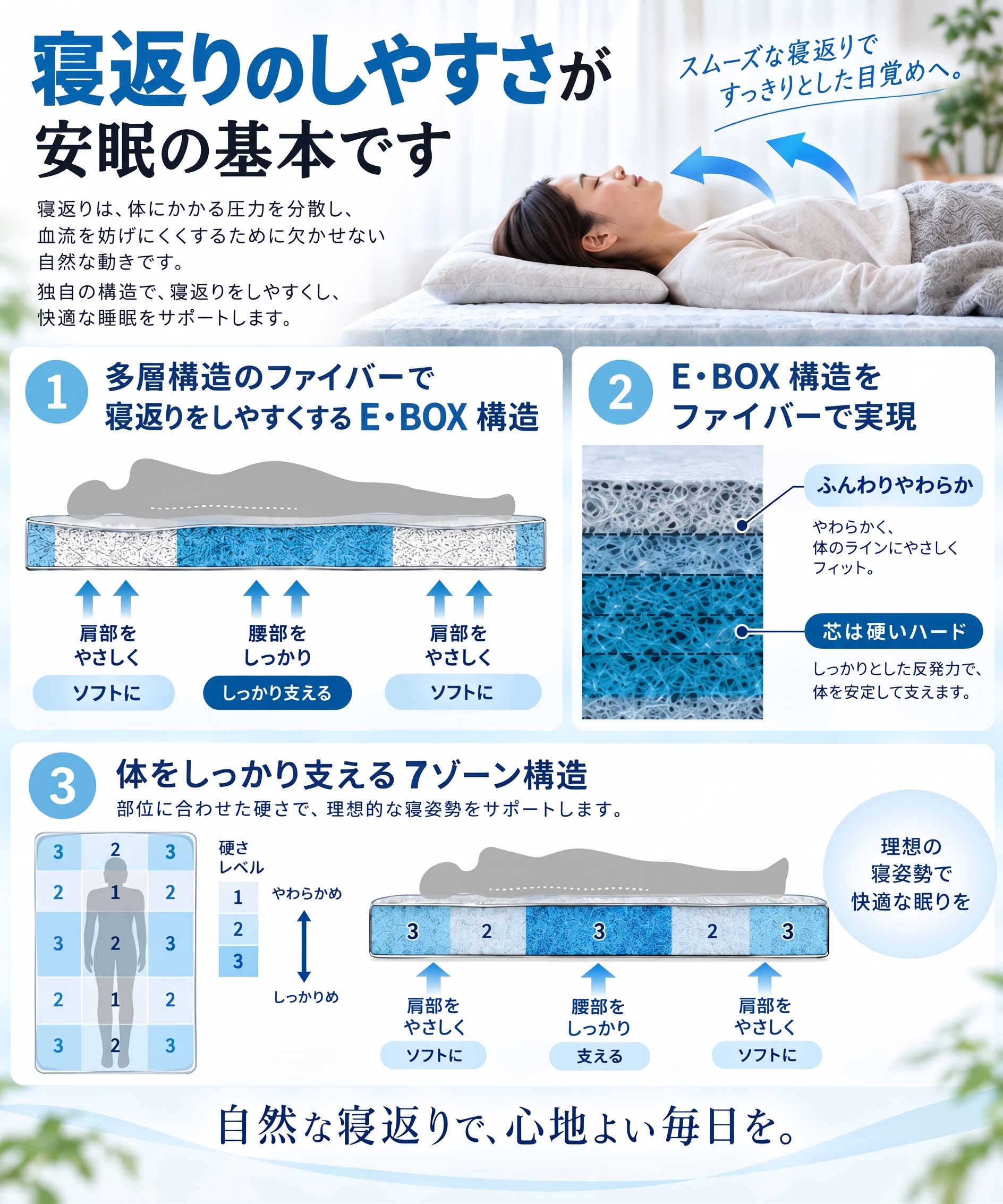 寝返りのしやすさが安眠の基本です 多層構造ファイバーでE・BOX構造・7ゾーン構造