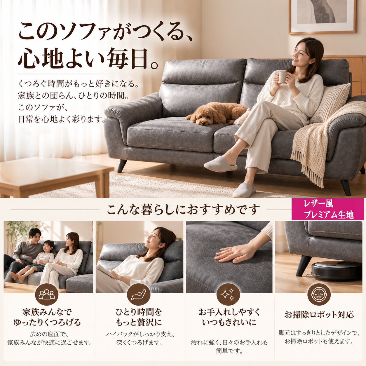このソファがつくる、心地よい毎日。ご家族やお手入れ簡単、お掃除ロボット対応