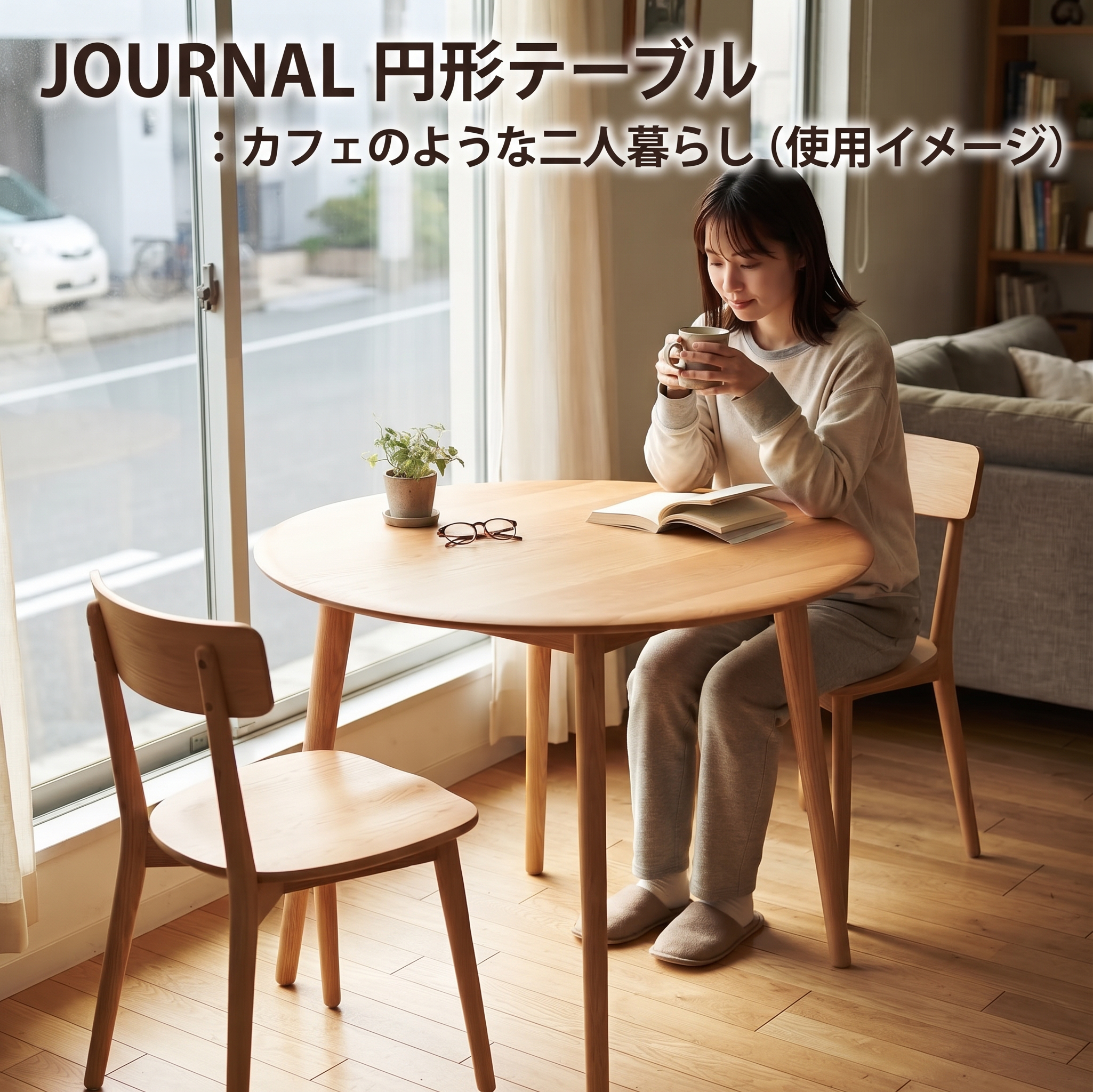 JOURNAL 円形テーブル カフェのような二人暮らしの使用イメージ