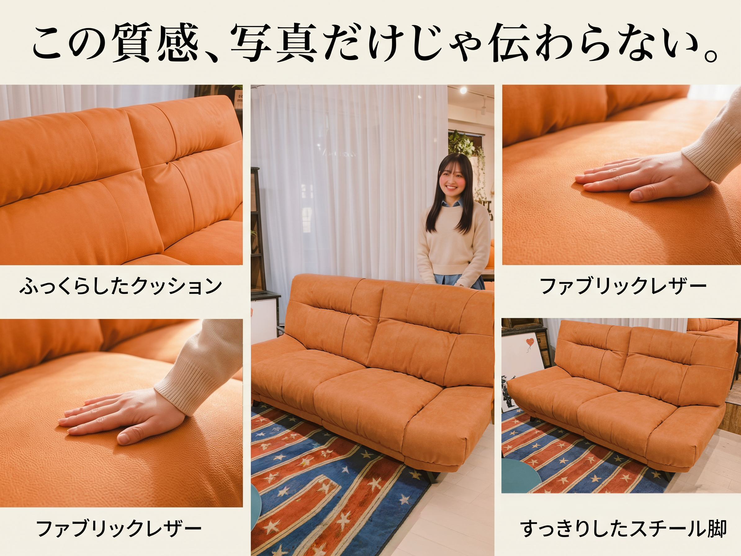 この質感、写真だけじゃ伝わらない。ふっくらしたクッションとファブリックレザー、スチール脚