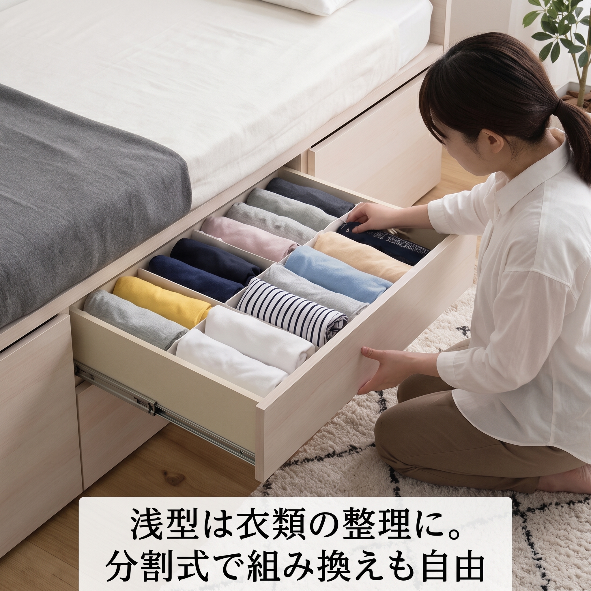 浅型は衣類の整理に。分割式で組み換えも自由