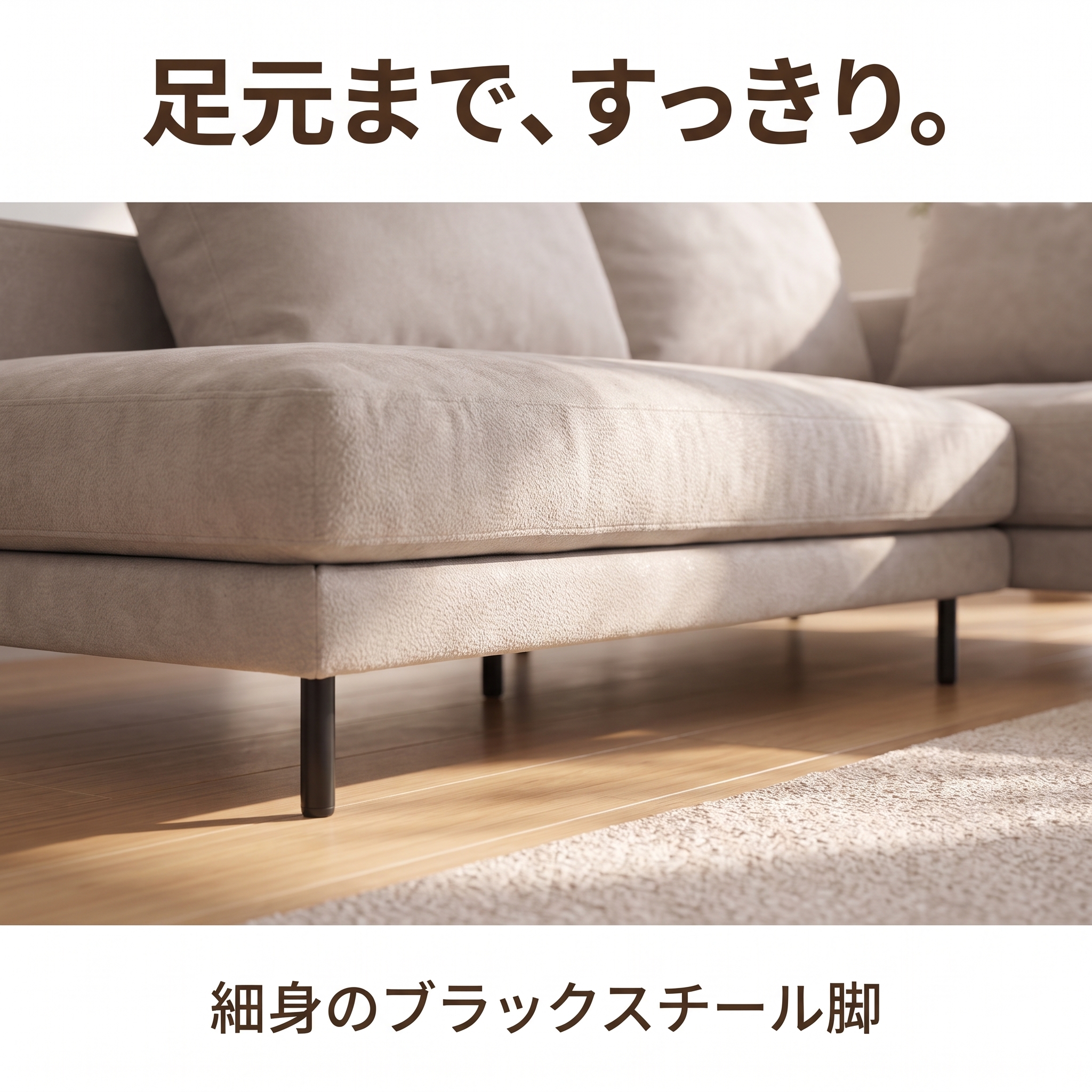 足元まで、すっきり。細身のブラックスチール脚