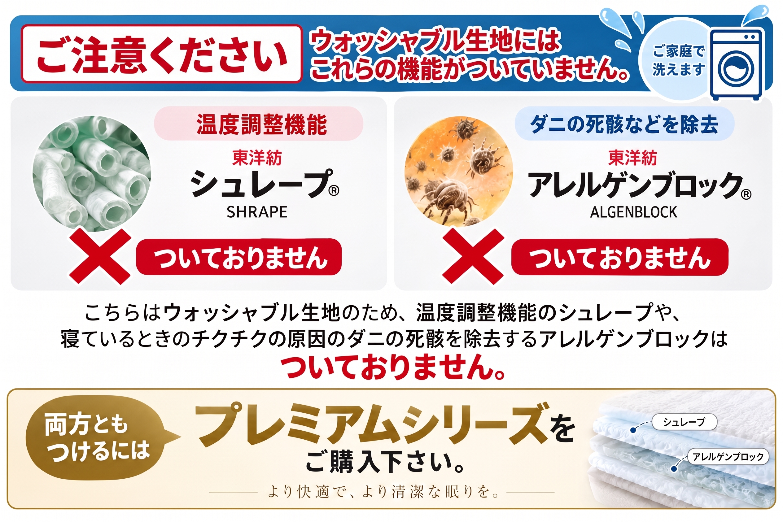 ウォッシャブル生地とプレミアムシリーズの機能違い