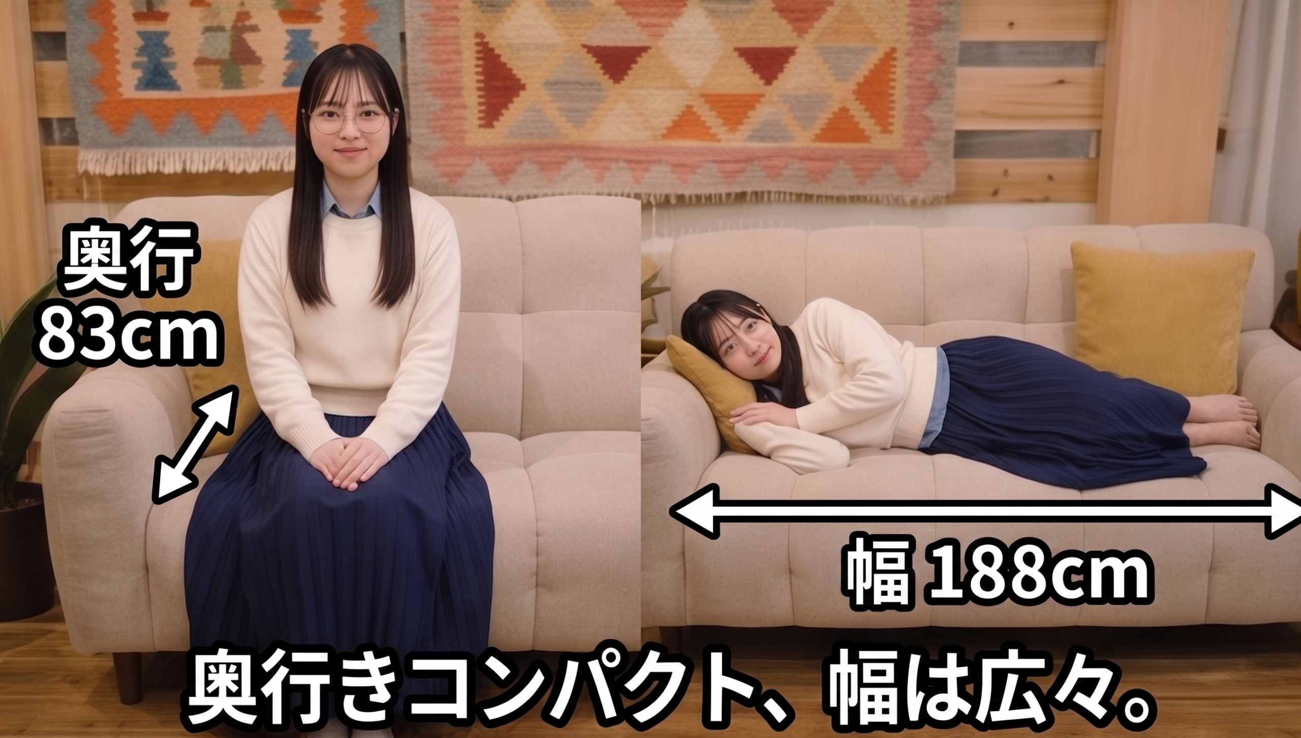 奥行コンパクト83cm、幅広々188cm